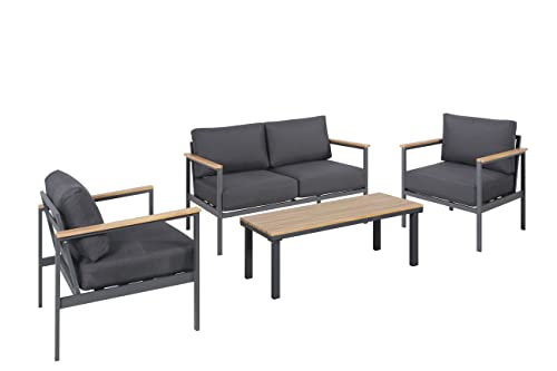 METRO Professional Conjunto Jardin Exterior 4 Piezas, Aluminio/Madera, Negro, 1 Sofa Exterior 2 plazas, 1 Mesa café, 2 sillones Individuales, con Cojines, para terraza o jardín