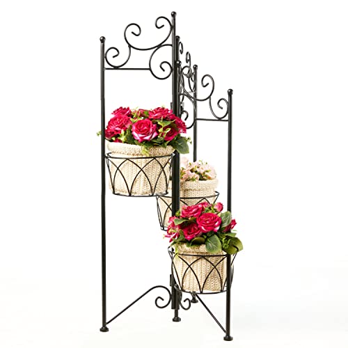 Spetebo Metall Blumenregal schwarz klappbar - 75 x 35 cm - Pflanzenständer mit 3 Etagen - Blumen Pflanzen Hocker Ständer Treppe Regal 3 Korb Ablagen