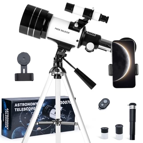 FREE SOLDIER Telescope for Kids 70mm Aperture Astronomical Refractor Telescopes for Beginners (15X-150X) 300mm Telescope for Adults High Powered with A Phone Adapter & A Wireless Remote (White)