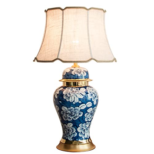 YINDAITY Tischlampen Kupfer Keramik Tischlampe im chinesischen Stil Wohnzimmer Hotel Schlafzimmer Nachttischlampe Handbemalte Blaue und weiße Porzellan Tischlampe Cover