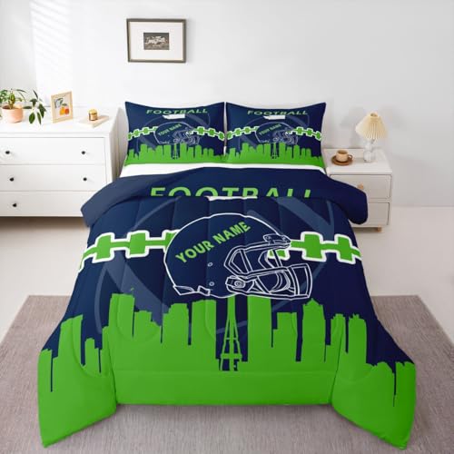 Erosebridal Customized Football Comforter Twin,Football Bedding for Boys,American Football Bedding Comforter Sets,Football City Duvet Insert with 1 Pillowcase Bedroom Decor,Blue Green(Seattle)