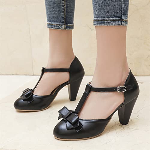Image of Elbslutt Women's Cute Retro Rockabilly Shoes T Strap Mary Janes Heels Chunky Cosplay Shoes Sweet Block Heeled Bow Pumps