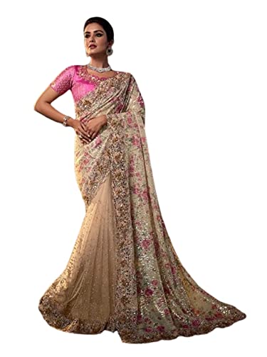 Sari à paillettes pour femme tissu fluide beige de 6,25 m avec haut à coudre