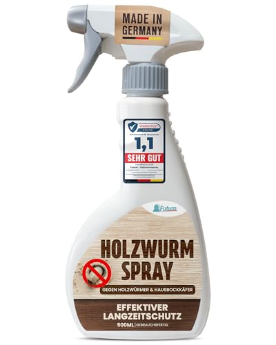 Futum Holzwurmspray 500 ml - Mittel zur Abwehr von Holzwürmern & Hausbockkäfer - Effektives Abwehrmittel - Holzwurm vertreiben - Spray mit Sofort- & Langzeitschutz - Holzwurmabwehr Innen & Außen