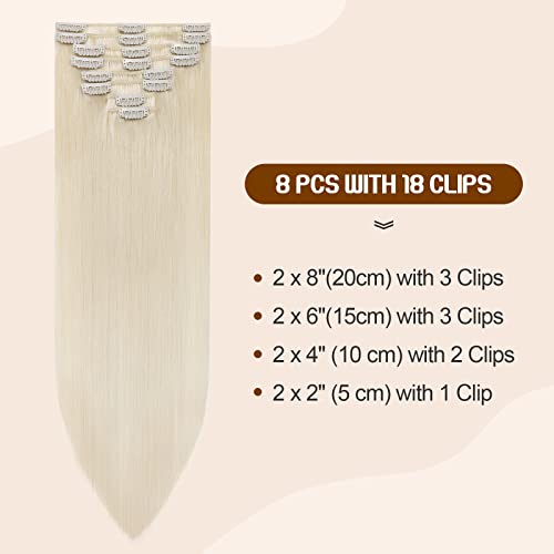 TESS Clip in Hair Extensions Real Human Hair Blonde Remy Seamless 8 Pieces Straight Short for Women/Girls (#60 Platinum Blonde - Image 4