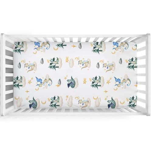 Image of Fairy Tale Dragon Moon Stars Clouds Trees Baby Crib Sheet 52''x28'' Watercolor Dragons Stretchy Fitted Crib Mattress Cover for Boy Girl Bed Sheet for Standard Toddler Mattress, 4258107