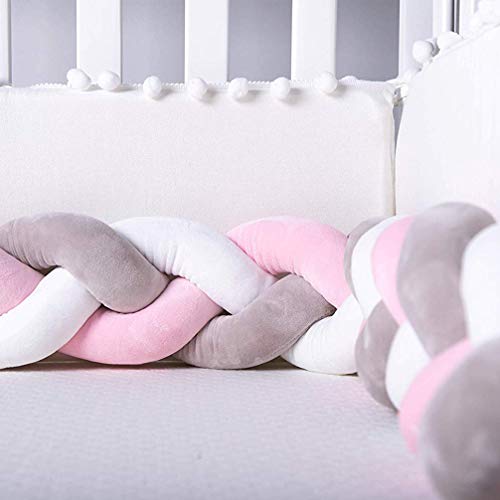LOAOL Baby Bed Bumper Knotted Braided Plush Nursery Cradle Decor Newborn Gift Pillow Cushion Junior Bed Sleep Bumper (White-Gray-Pink, 6.5 Feet)