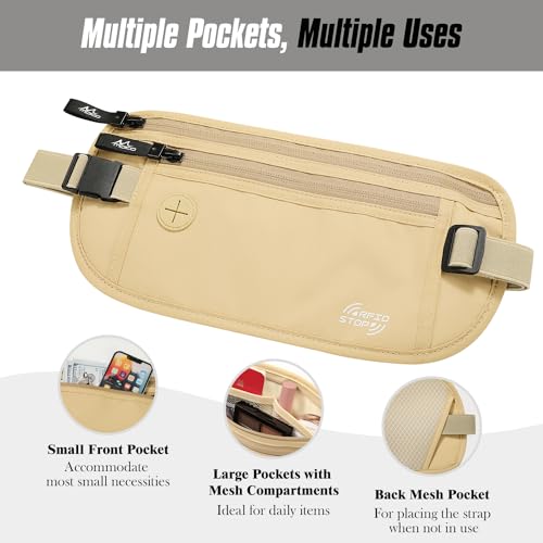 Image of MoKo Travel Money Belt, RFID Blocking Passport Wallet | Slim RFID-blocking money belt has 3 pockets, water-resistant nylon and an adjustable strap for 28-50 in waists