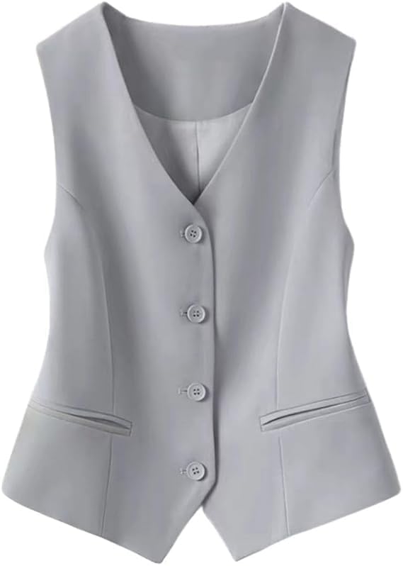 Stafeny Damen Anzugweste, Schmale Passform, V Ausschnitt, Smokingweste, Anzugweste, Elegante Vintage Weste, Sommer Deckmantel (DE/NL/SE/PL, Alphanumerisch, M, Regular, Regular, Hellgrau)