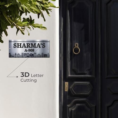 Image of BEE CREATIVE Laser Cutting Customise Name Plate for Home Entrance (Silver Elegance) | Modern Acrylic Name Plate for Main Door, Outdoor Name Board, Stylish Design for Flats, Apartments