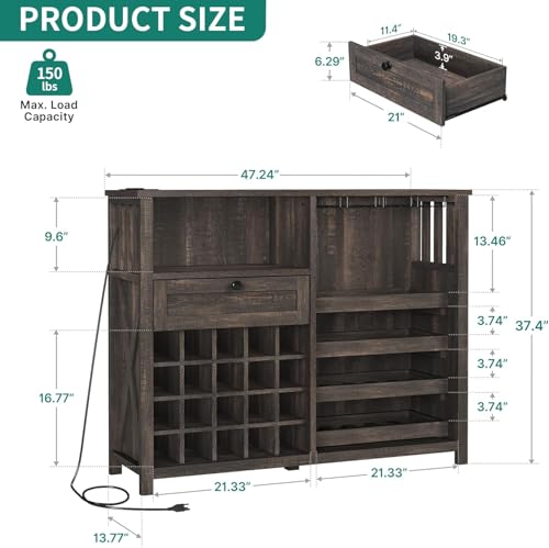 DWVO 47" Wine Bar Cabinet with LED Lights and Power Outlets, Modern Liquor Cabinet with Storage and Drawer, Bar Table with Wine Rack for Kitchen Dining Living Room, Rustic Oak