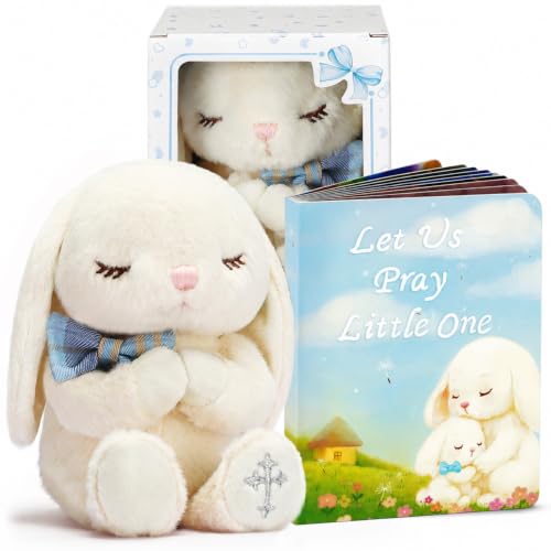 Baptism Gifts for Boys, Christening Gifts for Boys and Baby Dedication Gift Set for Newborn Baby, Includes 7-Inch Praying Bunny Stuffed Animal, Let Us Pray Baby Book and Keepsake Gift Box