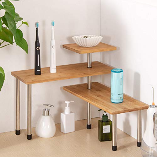 Ollieroo Upgarde 3 Tier Desktop Organizer Office Kitchen Corner Shelf Unit Spice Rack Adjustable Bamboo Storage Rack(No Hooks)