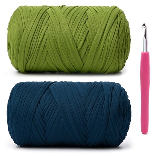 Image of 2 Pack Soft Tshirt Crochet Yarn, 800g /228yds High Elastic Hand Knitting Yarns, Thick T Shirt Yarn for Crocheting Bags, Baskets, Cushions, DIY Crafts(Lime Green + Denim Blue