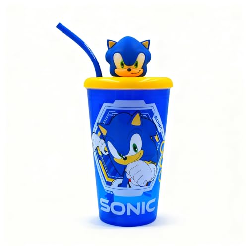 HOX Sonic The Hedgehog 3D-Figuren-Deckelbecher 600 ml – Offizieller SEGA Kids Trinkbecher mit Schraubdeckel und Strohhalm, BPA-freier Schallbecher für kalte Getränke, Blau
