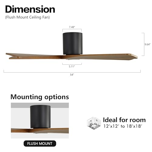 WINGBO 54 Inch Flush Mount DC Ceiling Fan without Lights, 5 Reversible Carved Wood Blades, 6-Speed Noiseless DC Motor, Hugger Ceiling Fan No Lights in Matte Black Finish with Walnut Blades, ETL Listed by WINGBO - Used condition - Image 4