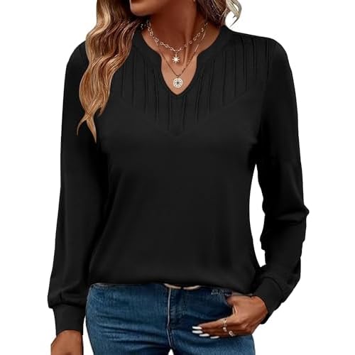 Rapbin Womens Long Sleeve Tops V Neck Dressy Casual T Shirts Trendy Pleated Tunic Shirts Loose Fit Basic Blouses