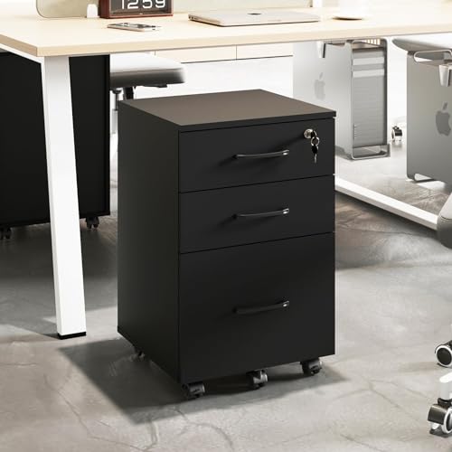 ALBSL File Cabinet with Lock,3 Drawer Wood Rolling Filing Cabinets Under Desk for Home Office,...