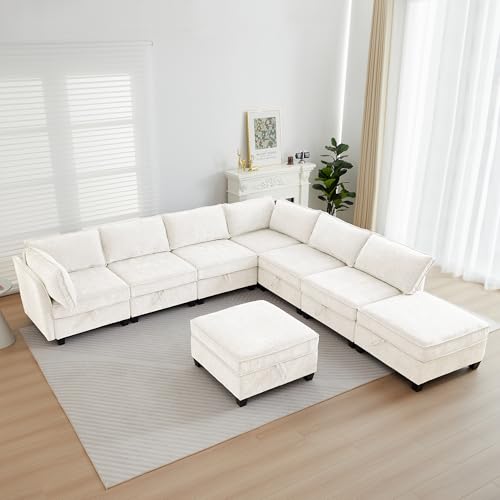 Image of ORRD Oversize Corner Modular Sectional Sofa Set, Convertible L Shaped Couch with Storage, 8 Seater Sofa Modular with Ottomans and Reversible Chaise for Living Room, Office (Beige)