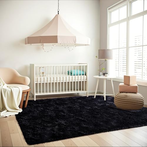 Black Rugs for Bedroom Fluffy 3x5 ft Living Room Rug Non-Slip Area Rugs Shag Carpet for Nursery Kids PlayRoom Dorm Office Indoor Modern Plush Carpets Boys