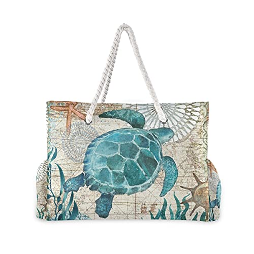 Senya Large Beach Bags Totes Canvas Tote Shoulder Bag Water Resistant Bags For Gym Travel Daily (Sea Turtle Starfish) #TOP1