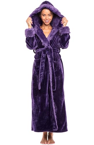 Alexander Del Rossa Faux Fur Robe, Thick Plush Robes for Women with Hood, Long Hooded Robes for