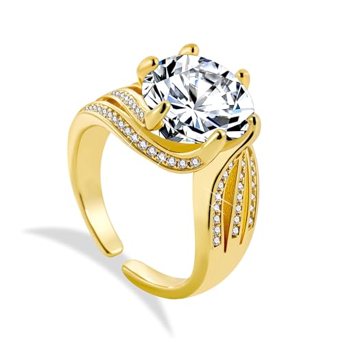 ALEXCRAFT Bague Ouvert Or Femme, Bagues Grande Zircone Réglable Large, Plaqué Or 14K, Brillant, Hypoallergénique, Bagues d'Amitié, Cadeaux de Bijoux pour...
