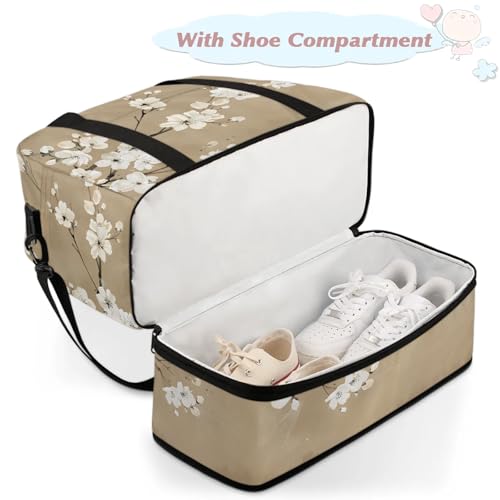 Large Weekender Overnight Bags Flower White Japanese Travel Duffel Bag for Women Men Gym Bag With Shoe Compartment Foldie Travel Tote Bag Carry On Personal Item Bag for Travel Gym Sports4