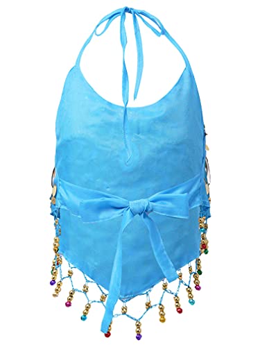FEESHOW Kids Girls Glitter Sleeveless Crop Top Lace-up Halter Neck Backless Sequins Bells Tassel Decor Top2