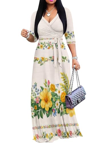 Image of PinkPatty Plus Size Dresses for Curvy Women V Neck Flowy Long Sleeves Wrap Maxi Dress Travel Vacation Outfits