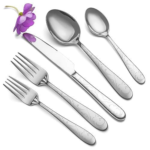 Image of 40 Piece Silverware Set Service for 8, EIUBUIE Premium Stainless Steel Cutlery Set, Mirror Polished Flatware Sets with Pattern Handle, Modern Kitchen Eating Utensils Sets Include Spoons Forks Knives