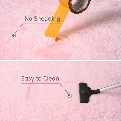 Image of Shaggy Round Area Rug - Soft Plush Circle Solid Color Carpet for Living Room, Bedroom, Kids Room - Fluffy Fuzzy Floor Mat for Home Decor (Pink, 5x5 feet, Round)