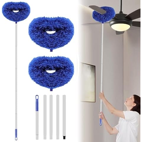 Max 66'' Ceiling Fan Cleaner Duster Reusable Microfiber Ceiling Fan Blade Cleaner Removable Duster with Extension Pole for Cleaning Walls Bookshelves Furniture Door Window Top, Jewel Blue, 2 Pack Cover