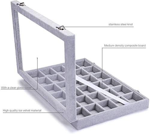 BASUWELL 30 Grids Velvet Glass Jewellery Ring Bracelet Display Organiser Case Holder Earrings Storage Box