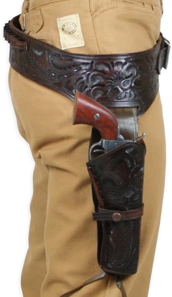 Western Gun Belt and Holster for Men Full Grain Buff Leather Tooled – Fits .44/.45 Cal Revolvers 4" to 6.5" Barrel Length Cowboy Style