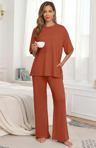 Image of PrinStory Womens Pajamas Sets 2 Piece Lounge Set Short Sleeve Tops and Long Pants Soft Pjs Loungewear with Pockets