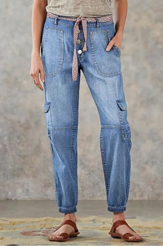 Straight Leg Button Fly Jeans for Women Multi Pocket Mid Rise Jeans Without Belt Denim Pants3