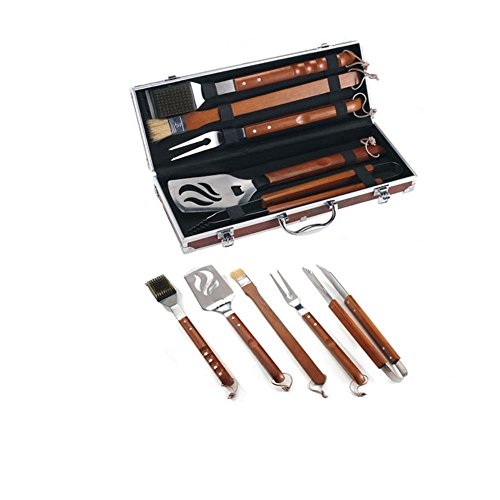 Ompagrill Set Kit Accessori 5 pz griglia Barbecue BBQ Attrezzi Inox Legno con Valigetta