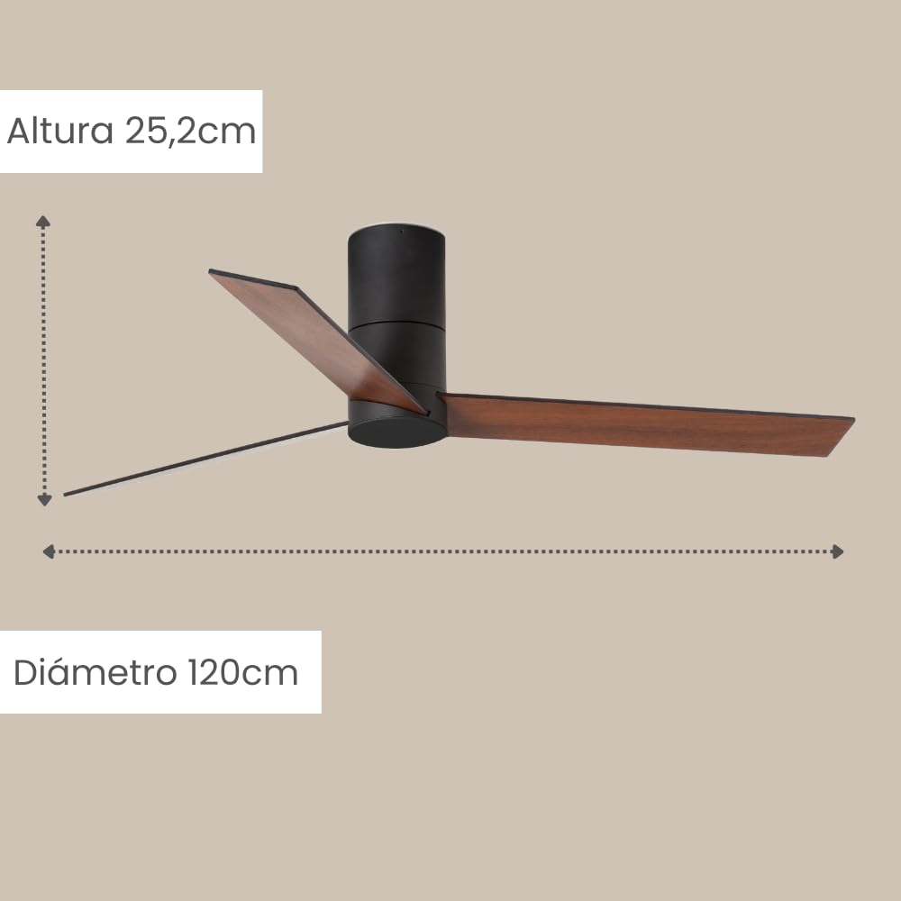 / HYBRID/Ventilador de techo negro con wifi y palas reversibles negro-nogal Ø120 cm/Ultra Silencioso, bajo consumo, 6 Velocidades, Mando, Verano-Invierno, temporizador, modo brisa