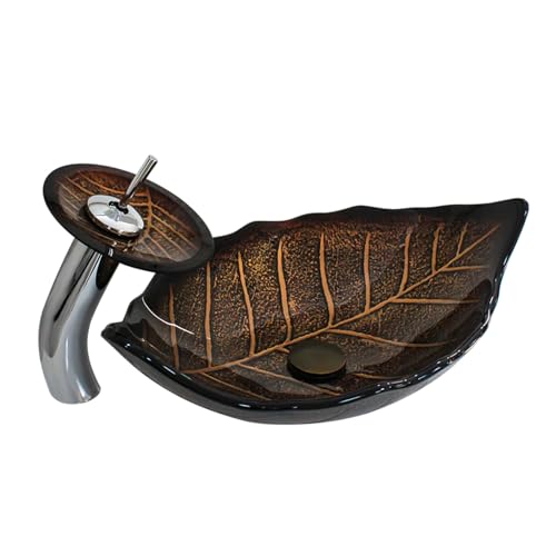 Fregadero de vidrio templado con grifo de cascada y kit de drenaje, estilo de hoja inspirado en la naturaleza para uso en el baño en hogares y hoteles