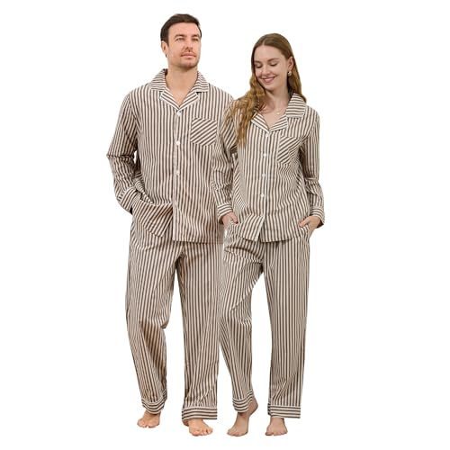 U2SKIIN Couple Pajama Sets, Soft Cotton Button-Down Striped Pajamas for Men and Women Long Sleeve Sleepwear with Pockets