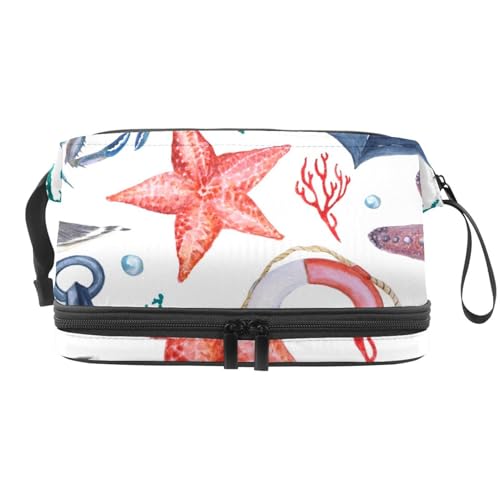 Watercolor Anchor Seagull Lifebuoy Double Layer Cosmetic Bag for Women and Girls, Travel Toiletry Bag Makeup Handy Pouch Organiser Bag with Brush Compartment