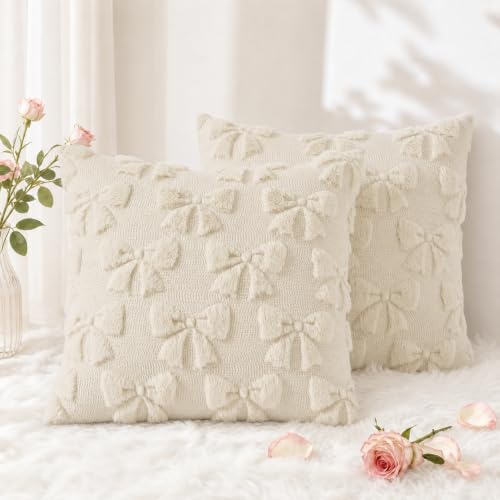 Image of decorUhome Beige Bow Pillow Covers Set of 2 Coquette Aesthetic Cute Preppy Plush Faux Pillowcases for Girly Bedroom or Couch 16x16 Inch