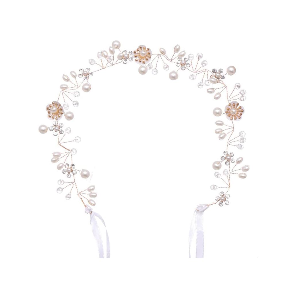 Tiara de Perlas de Novia,Nupcial Perla Pelo Vid Accesorios para Cabello Nupcial Diadema de Flores y Hojas Cabello Dorado Vid Joyería para Cabello Boho Faux Diamond Diadema para Mujeres Niñas