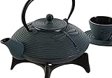 - Bonito y original juego de té completo de hierro fundido azul con bonitos motivos de libélula. Set de tetera y soporte acompañado de 2 tazas con sus platillos.