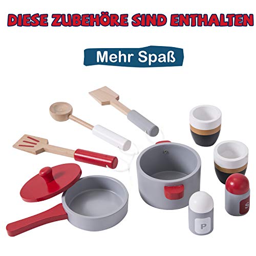 Merax Kinderküche, Spielküche aus Holz, Topf, Pfanne, Küchenbesteck, Kaffeetasse, Gewurzglässe für Kinder, 8 2X 26.5X 90… – Bild 7