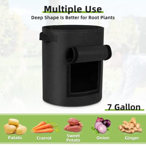 GreatBuddy 4-Pack Potato Grow Bags, 7 Gallon Thick Fabric Pots for Plants, Harvest Windows & Sturdy Handles, Labels Included,Black