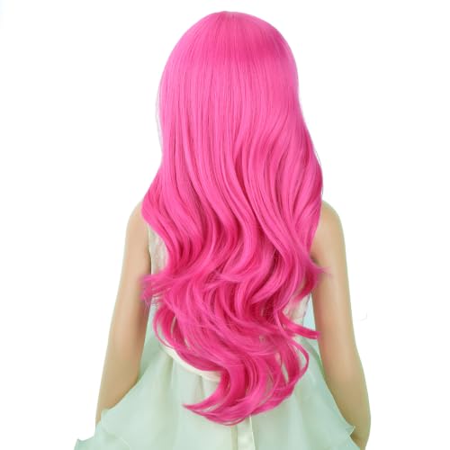 Image of Hot Pink Wig Long Rose Red Middle Part Wig Long Purple Pink Wavy Curly Wigs Heat Resistant Synthetic Wigs for Daily Party Use