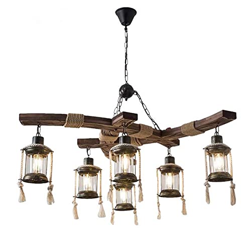 XAZLBIW Lampadario Rustico in Legno con Travi a Vista, Stile Industriale, con 6 Lanterne e Dettagli in Corda, lampadario Vintage per Sala da Pranzo