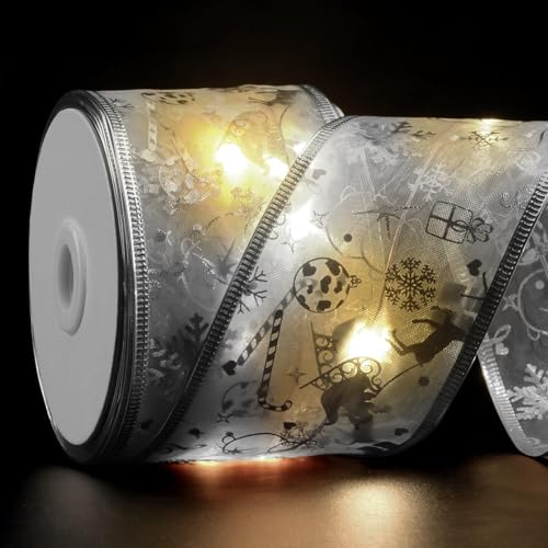 Exltoy Christmas Ribbon Lights, 33Ft 100 LED Tree Decorations with Remote, Battery & USB Powered, 8 Modes, Timer, 2.5 Inch Double-Layer Gold Edge Organza Fairy String Lights for Xmas Tree Decor